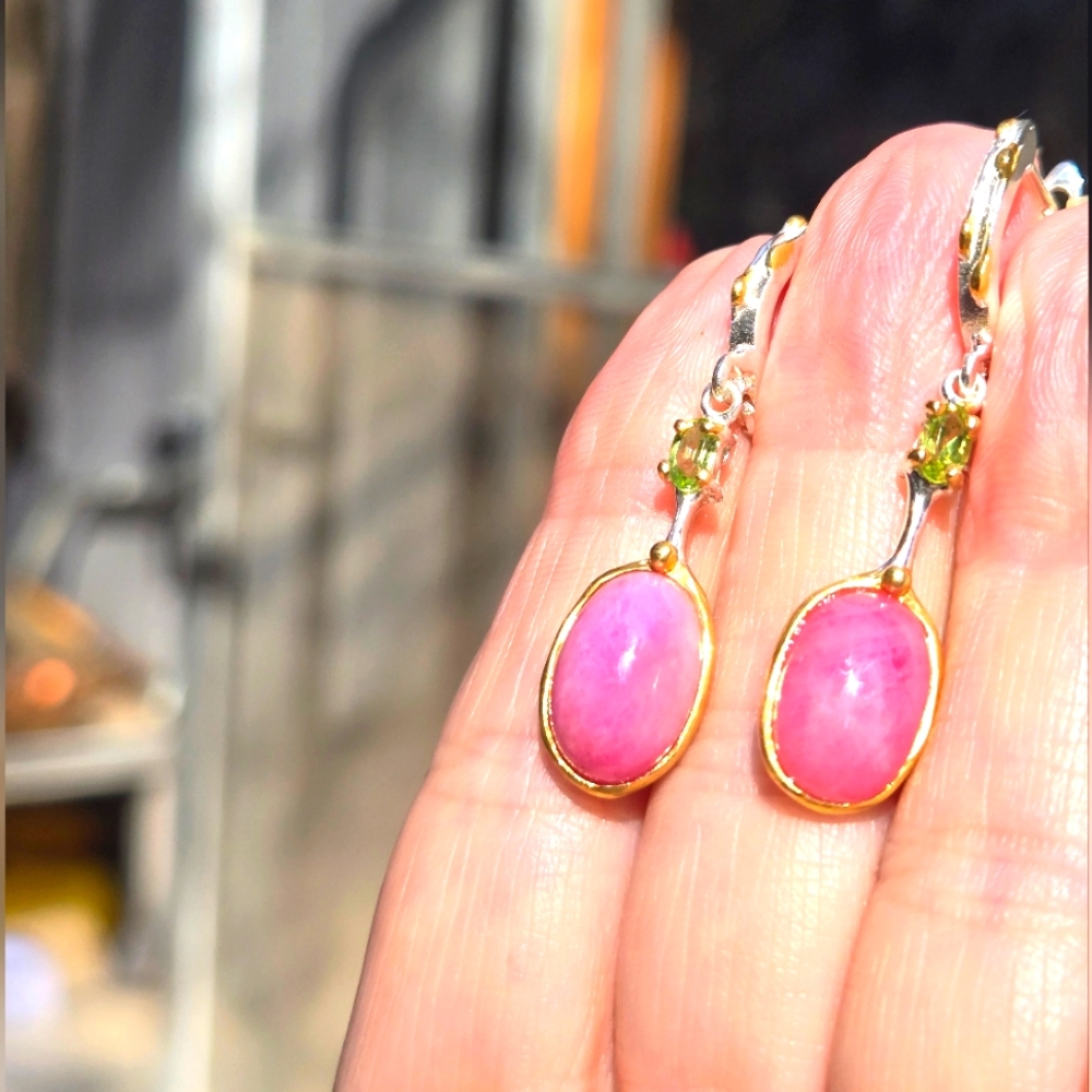 Pink Ruby 12k & Peridot sterling & gold earrings